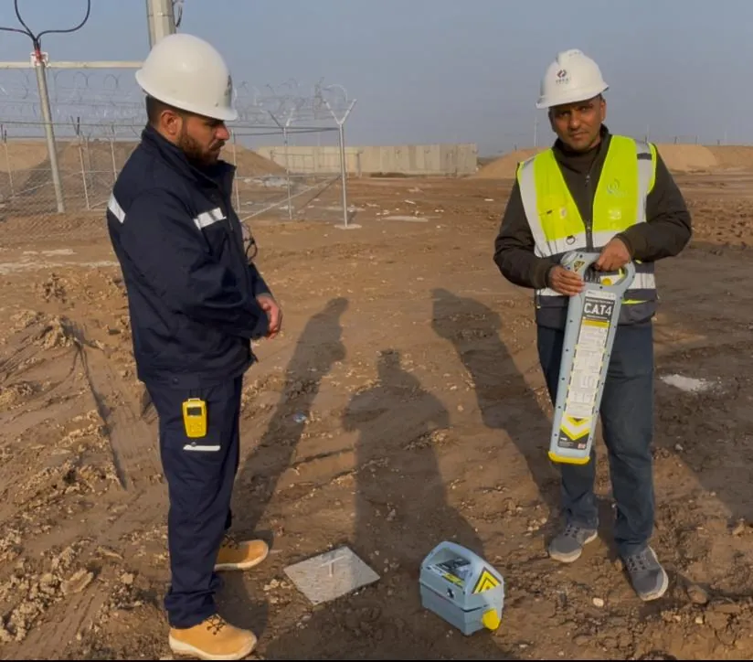 Handover of a new Radiodetection gCAT4 utility locator on site in Messan, with the signal transmitter on the ground