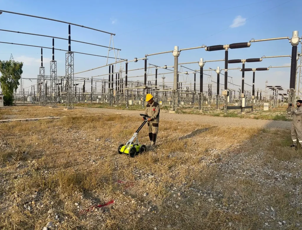GPR cart being run across open ground inside the switchyard at the Taza electrical station